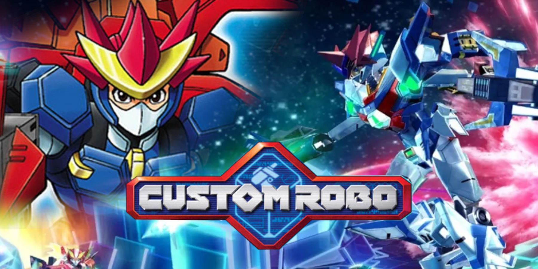 Artwork from Custom Robo Arena and Custom Robo Revolution appear behind the logo for the game series.