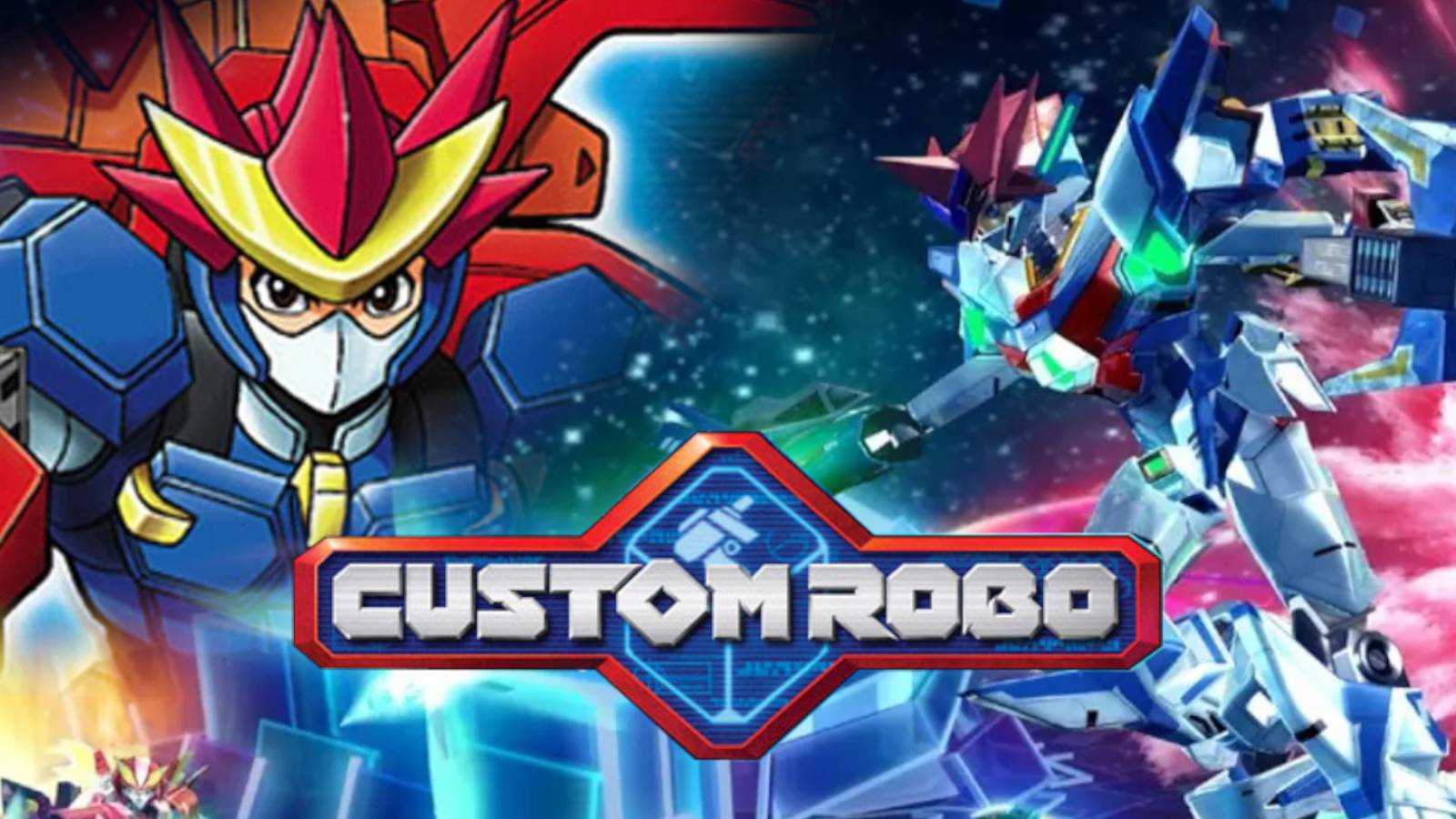 Artwork from Custom Robo Arena and Custom Robo Revolution appear behind the logo for the game series.