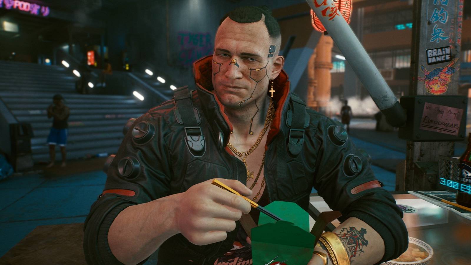 Screenshot from Cyberpunk 2077 showing Jackie Welles eating noodles with chopsticks.