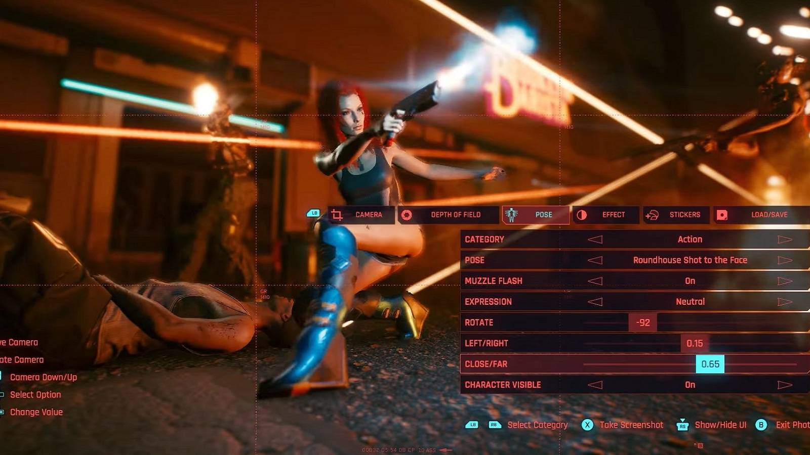 Screenshot from Cyberpunk 2077 showing someone in an action pose through Photo Mode.