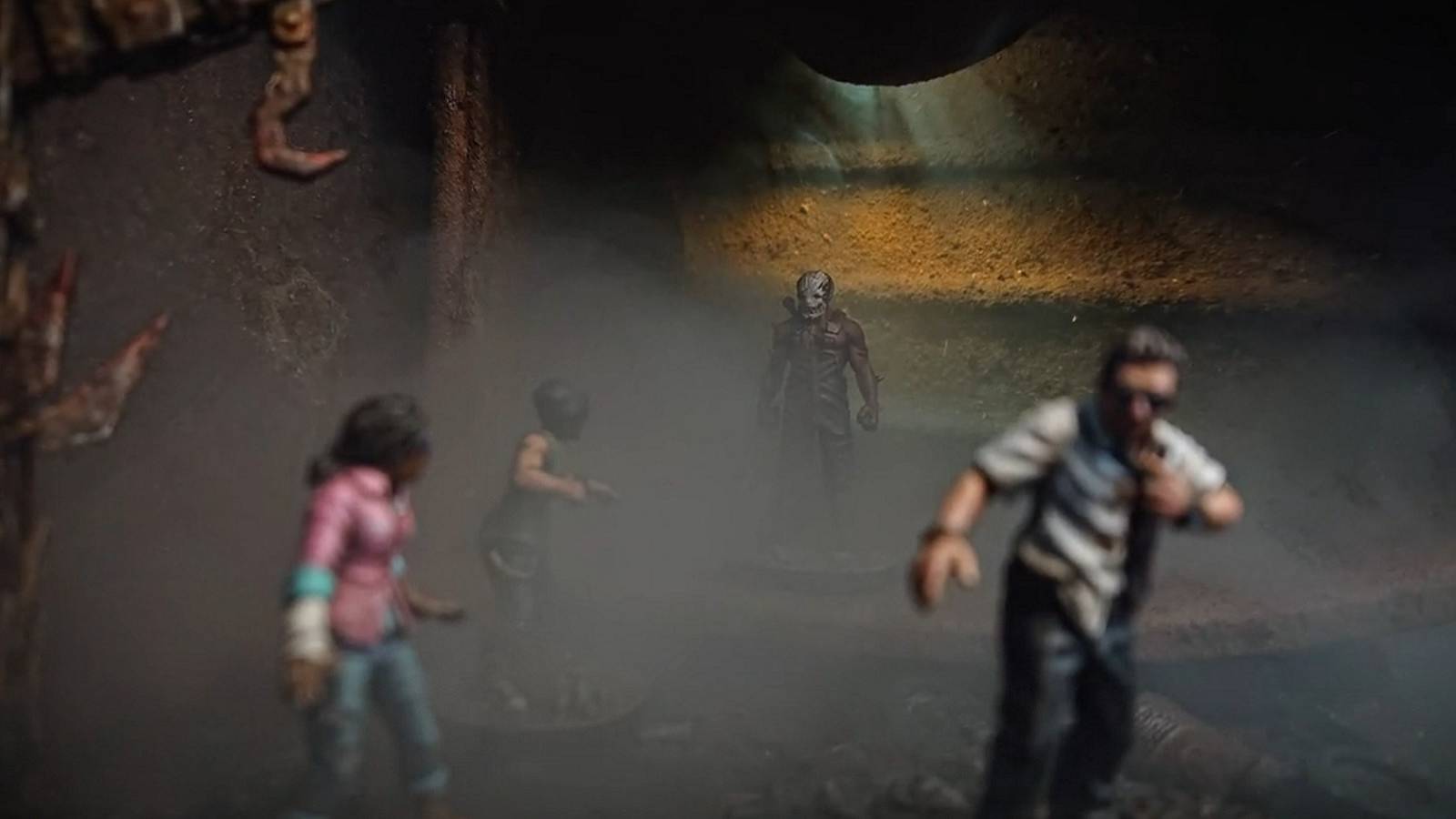 Image from the Dead by Daylight board game showing the survivor figures in the foreground and the killer in the background.