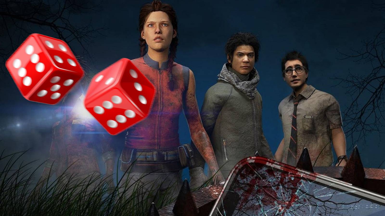 An image from Dead by Daylight showing some survivors with some floating dice in the foreground.