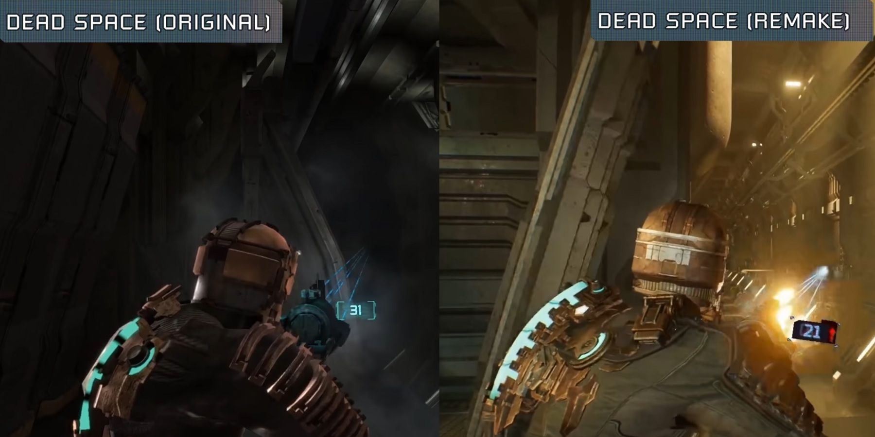 Spliced image showing the original Dead Space on the left and the remake on the right.
