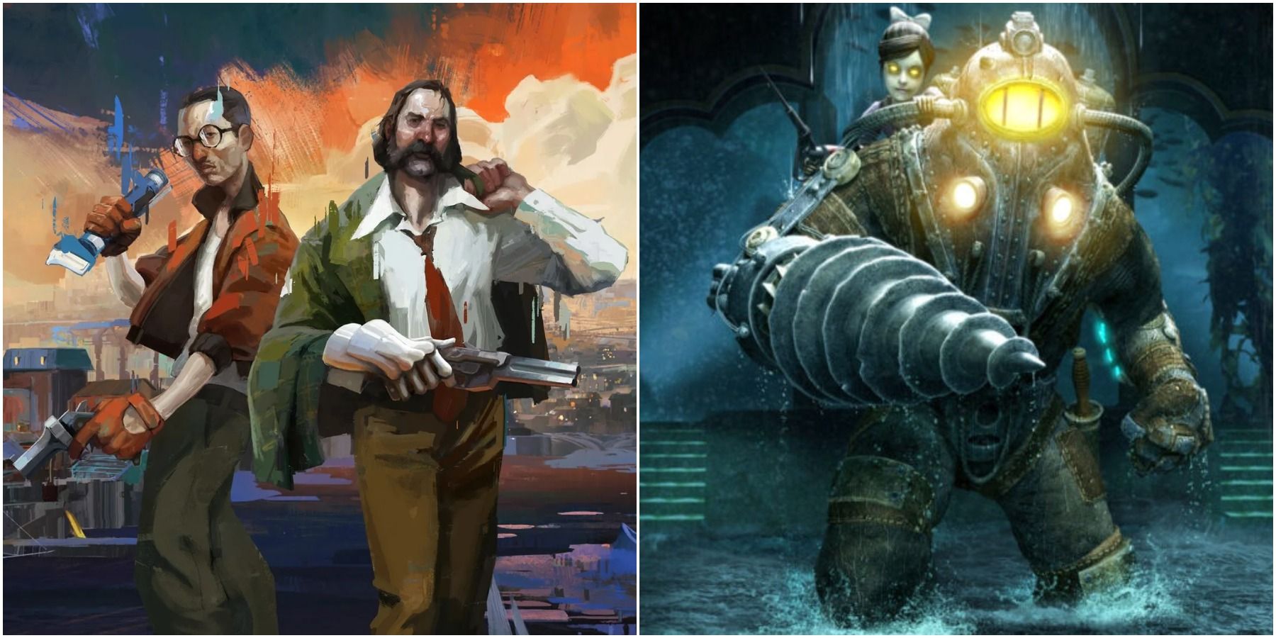 (Left) Disco Elysium key art with protagonists (Right) Bioshock 2 cover art with Big Daddy and Little Sister