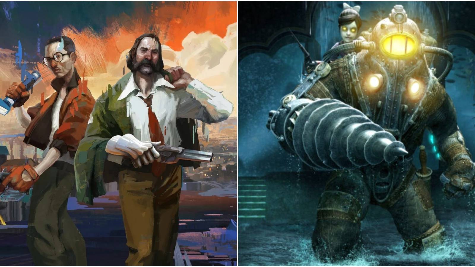 (Left) Disco Elysium key art with protagonists (Right) Bioshock 2 cover art with Big Daddy and Little Sister