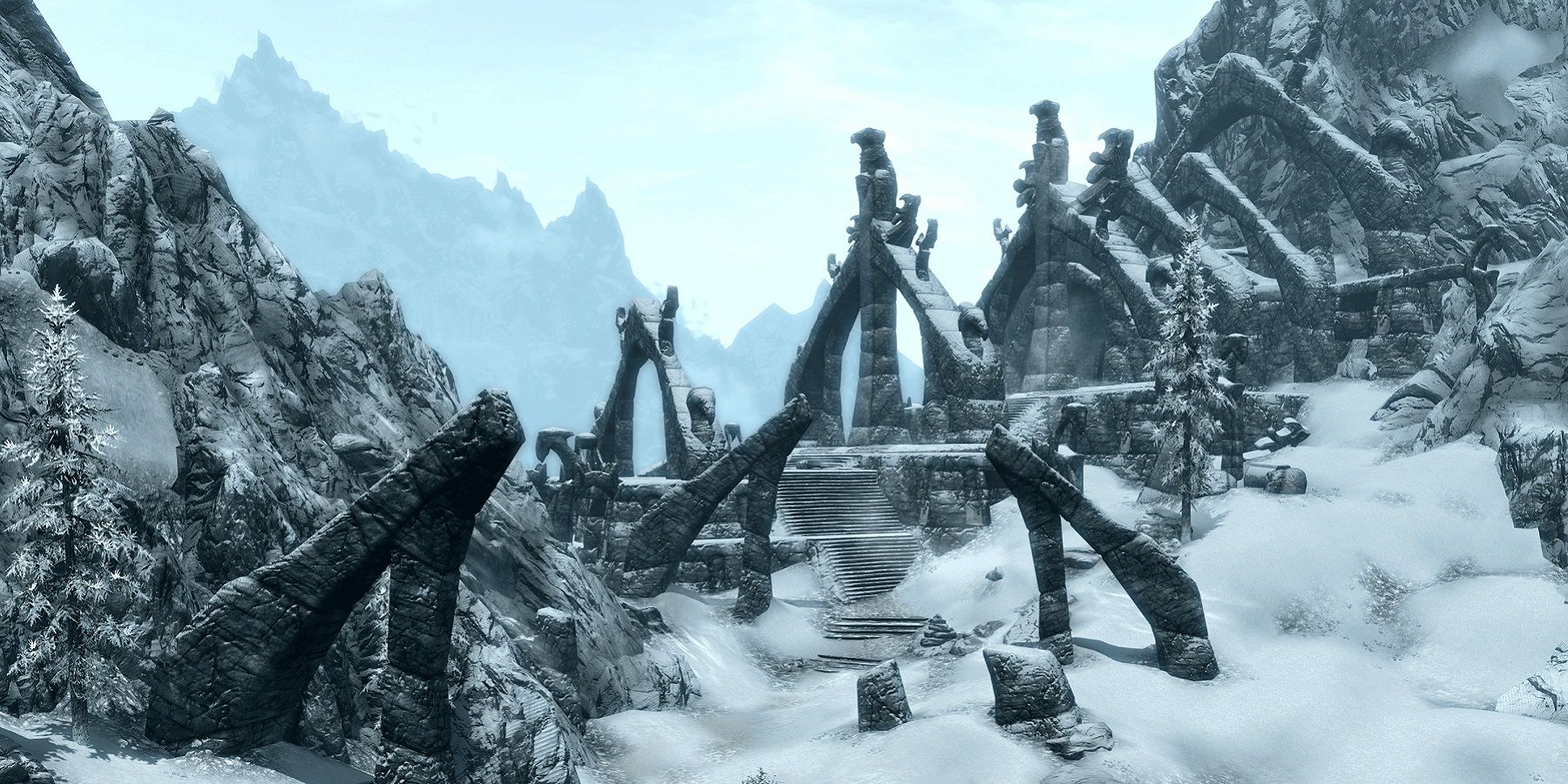 Image from Skyrim showing the snowy entrance to Bleak Falls Barrow.