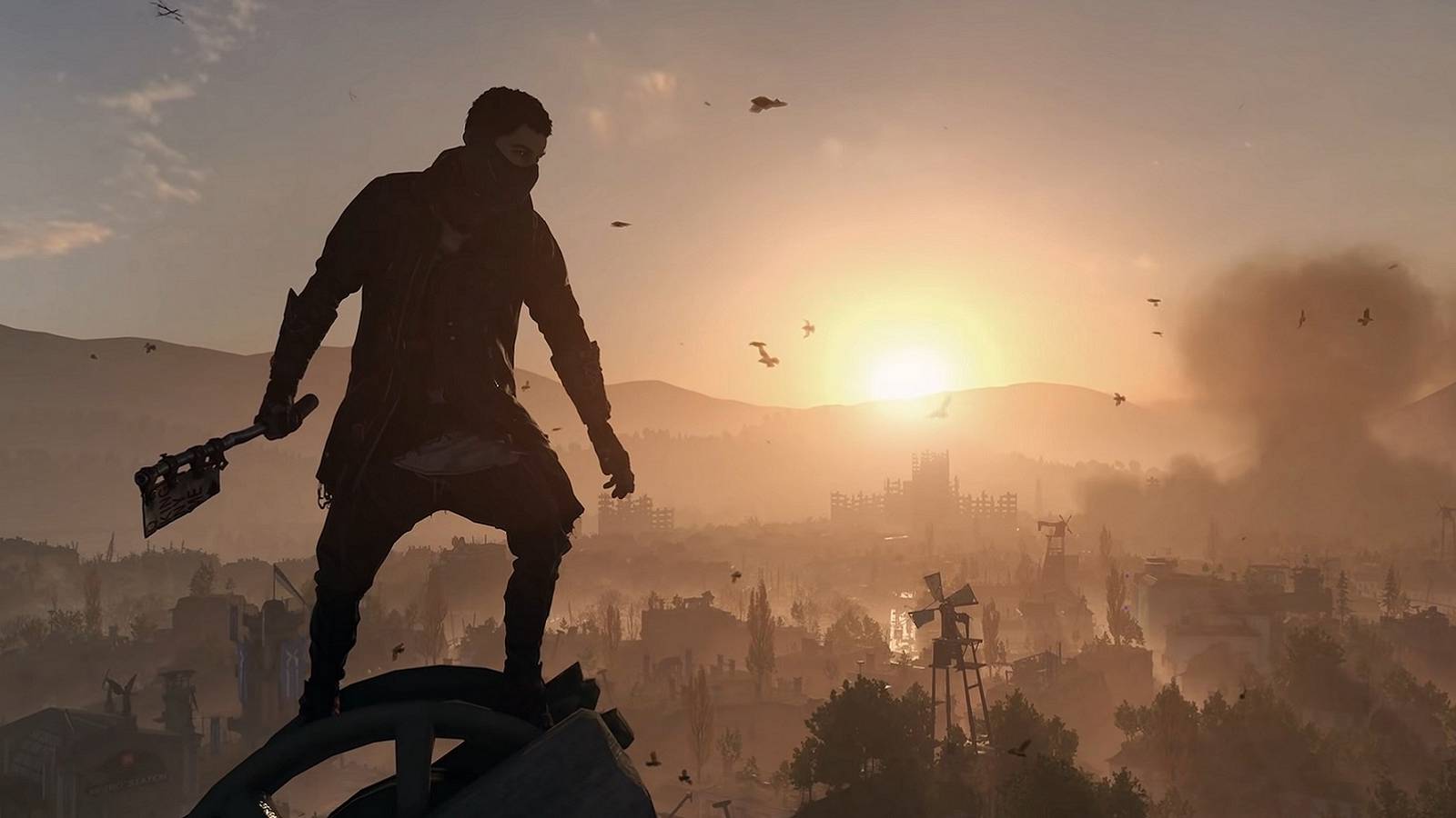 Image from Dying Light 2 showing a character wielding a weapon as they look out over the city during sunset.