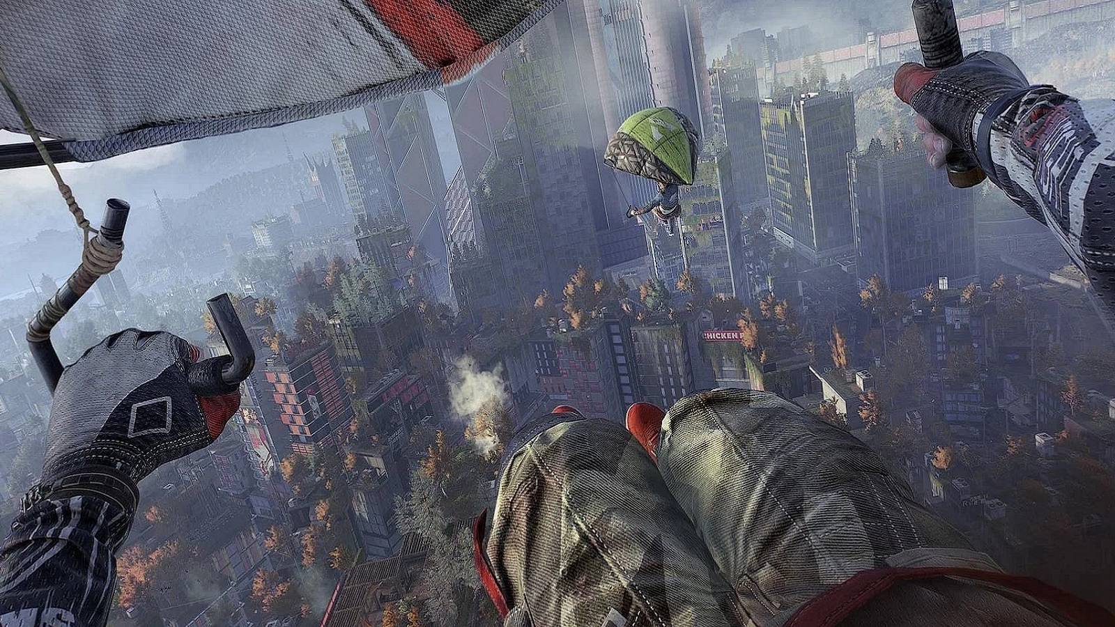 Image from Dying Light 2 showing the player parachuting down from high up. 