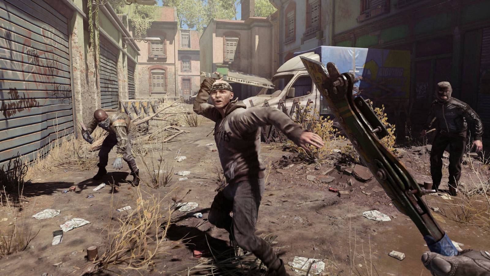 Screenshot from Dying Light 2 showing the player about to be attacked in an alleyway.
