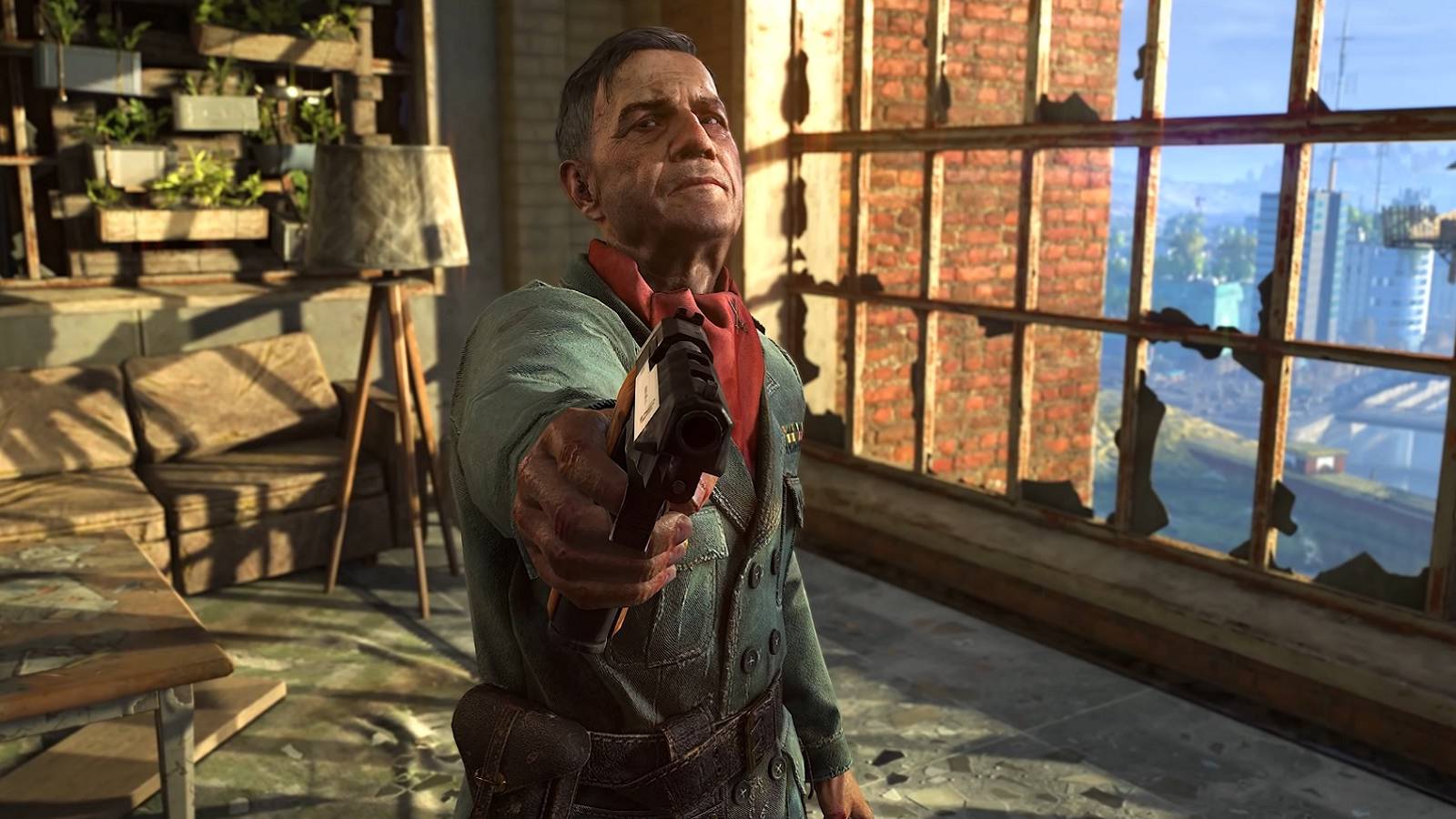 Screenshot from Dying Light 2 showing someone pointing a gun at the player.