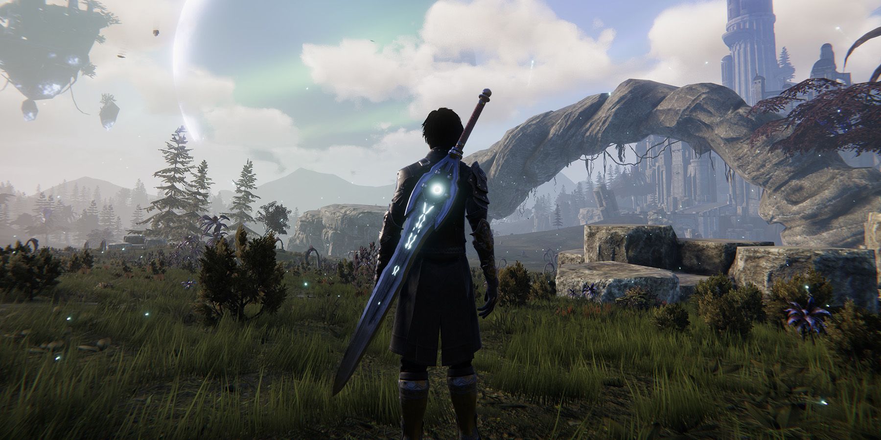 edge of eternity hero large light sword looking on at scenery