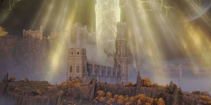 elden ring divine tower in front of the erdtree