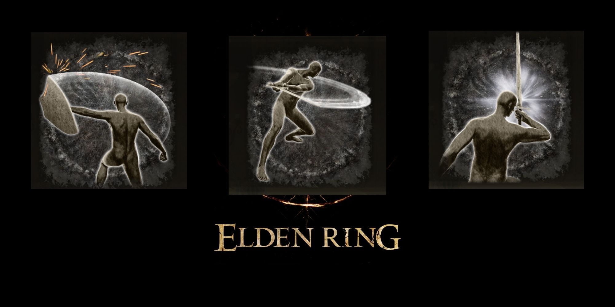 Логотип Elden Ring с тремя значками навыков, наложенными сверху.