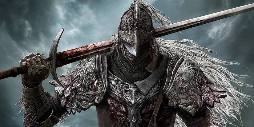 Image from Elden Ring showing a cloe-up of the Tarnished holding a sword.