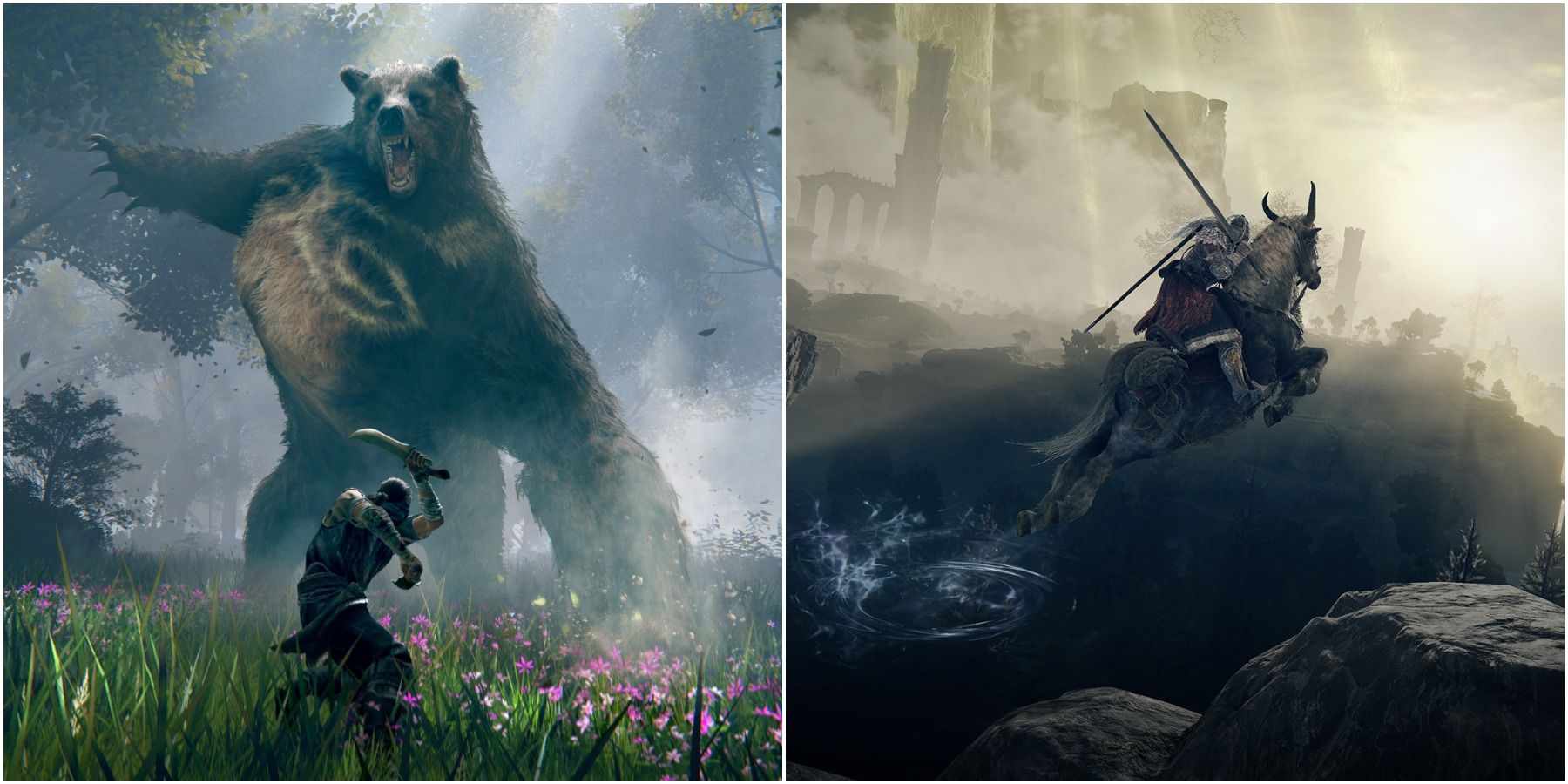 Elden Ring (слева) Игрок сражается с медведем (справа) Лошадь прыгает в воздухе