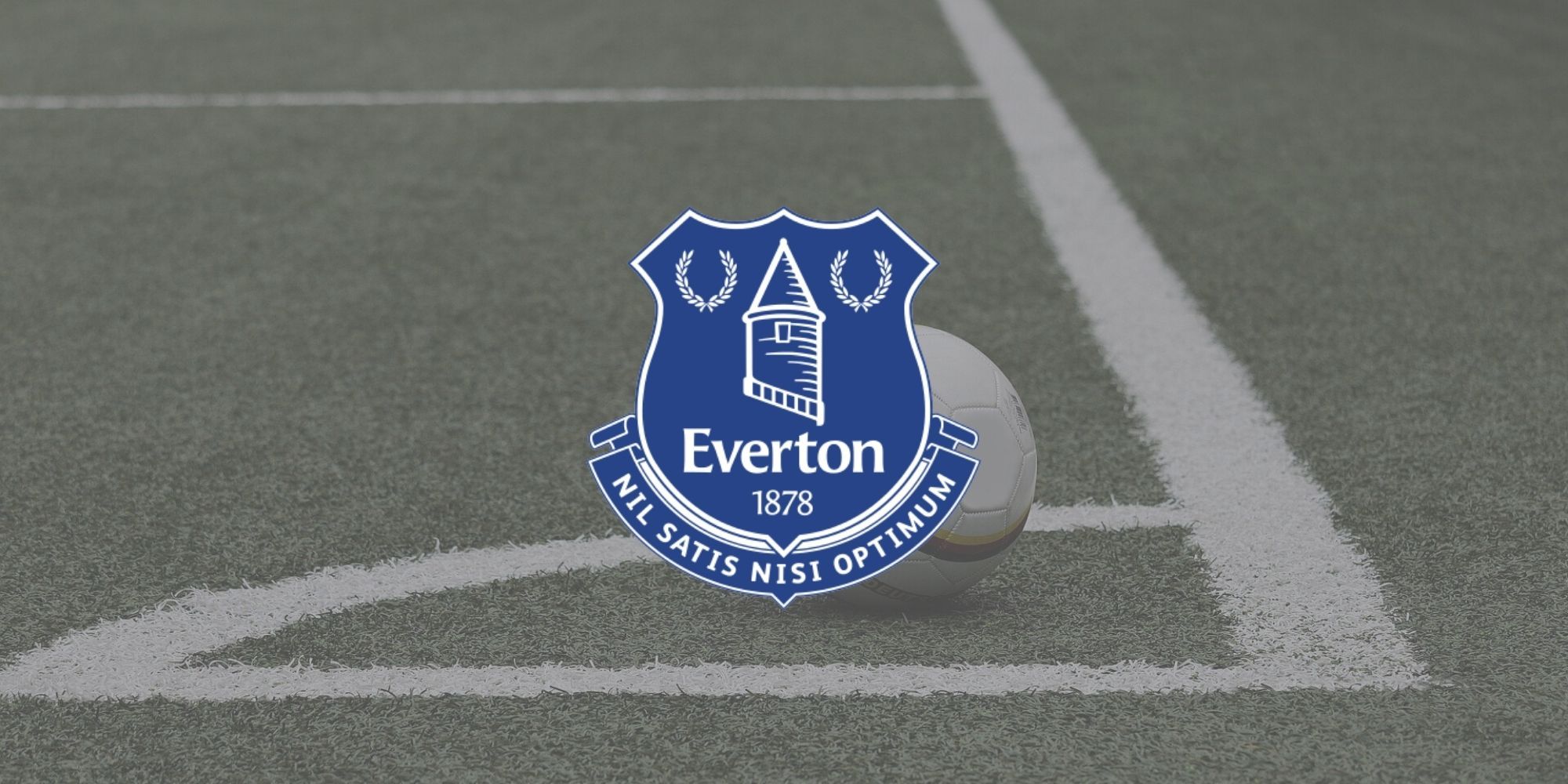 The official Everton FC club badge over an image of a football field.