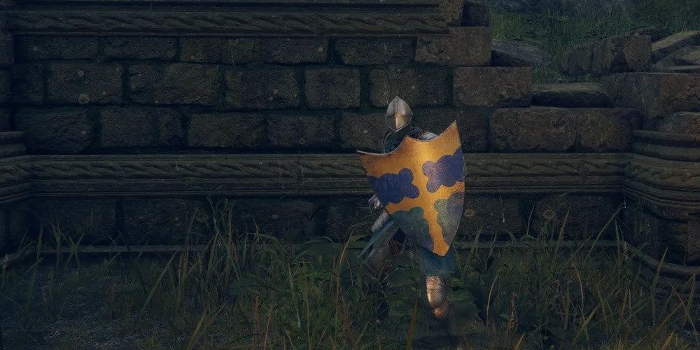 Player using the Blue-Gold Kite Shield from Elden Ring.
