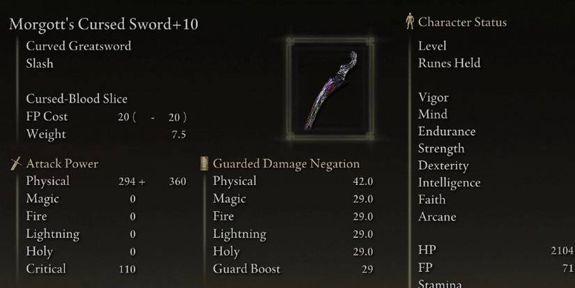 Stat screen of Morgott's Cursed Sword in Elden Ring.