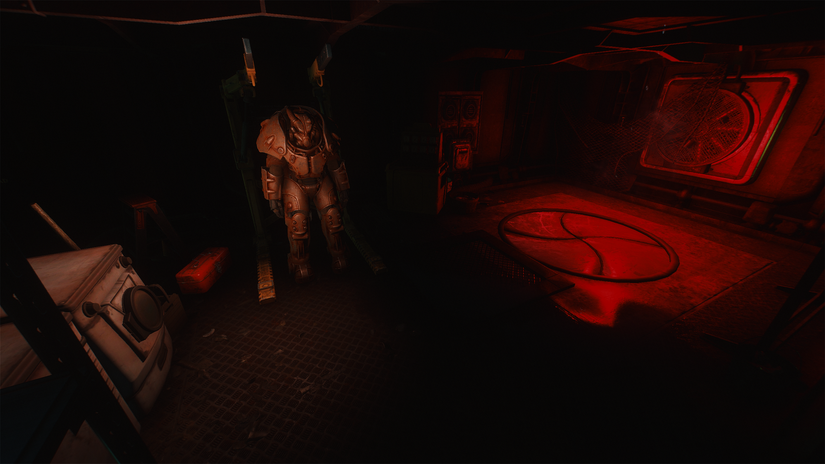 Image from a Fallout 4 mod showing a Power Armor suit in a dingy red-lit vault.