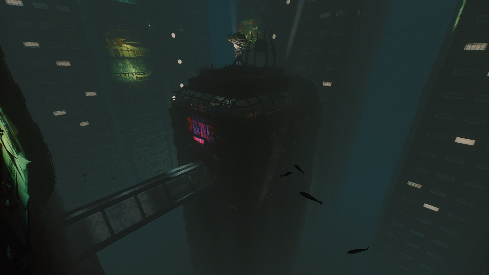 Screenshot from Fallout 4 showing an underwater city similar to the one in BioShock.