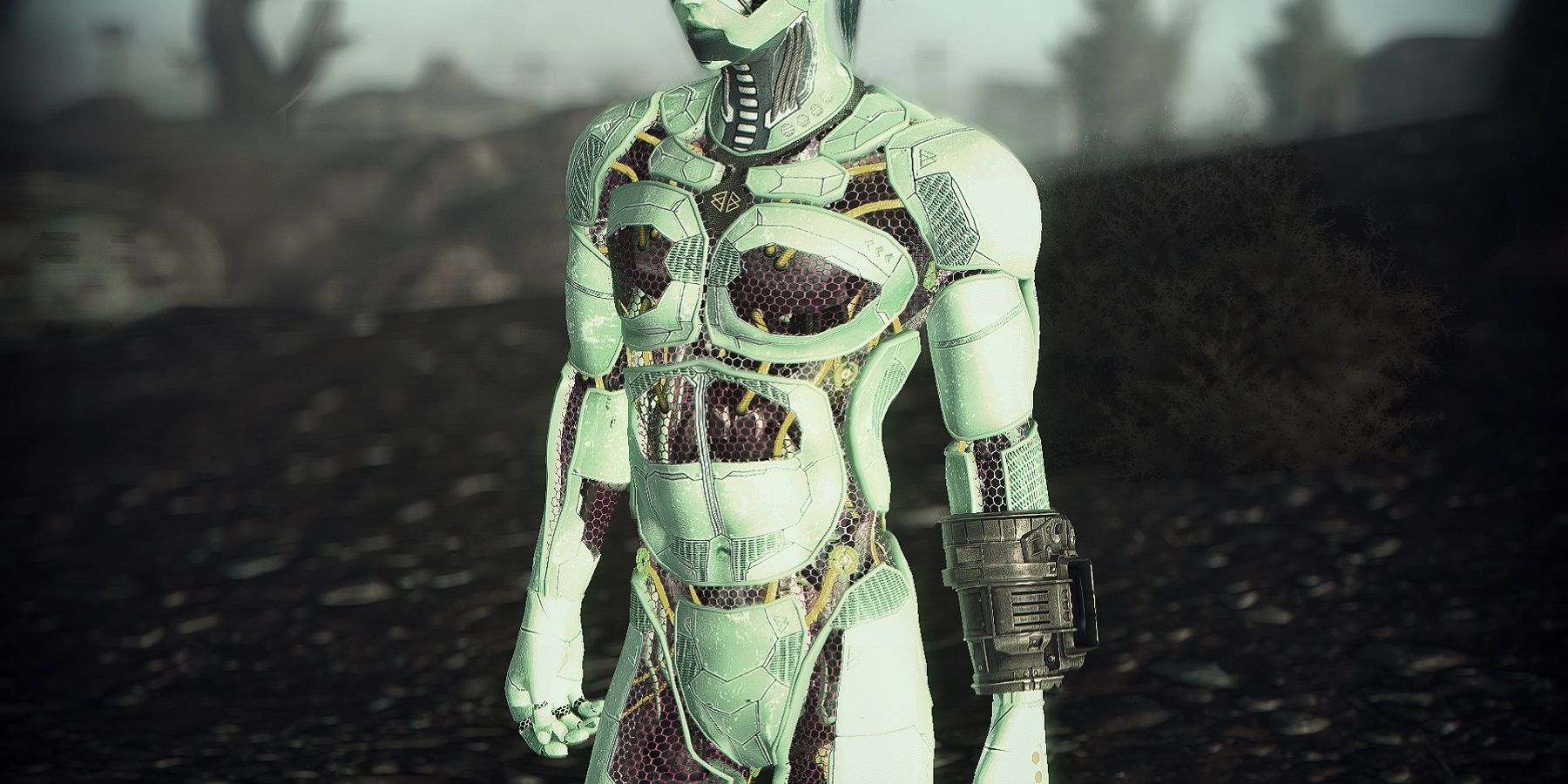 Image from Fallout: New Vegas showing a line green android character.