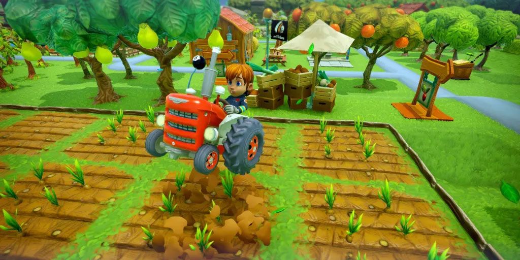 Seorang pemain melompat di atas traktor di Farm Together
