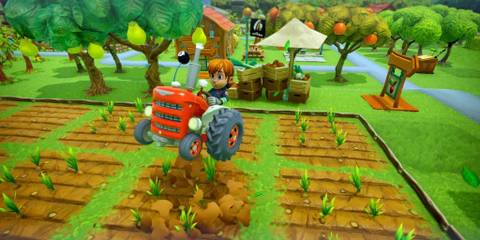A player jumping in a tractor in Farm Together