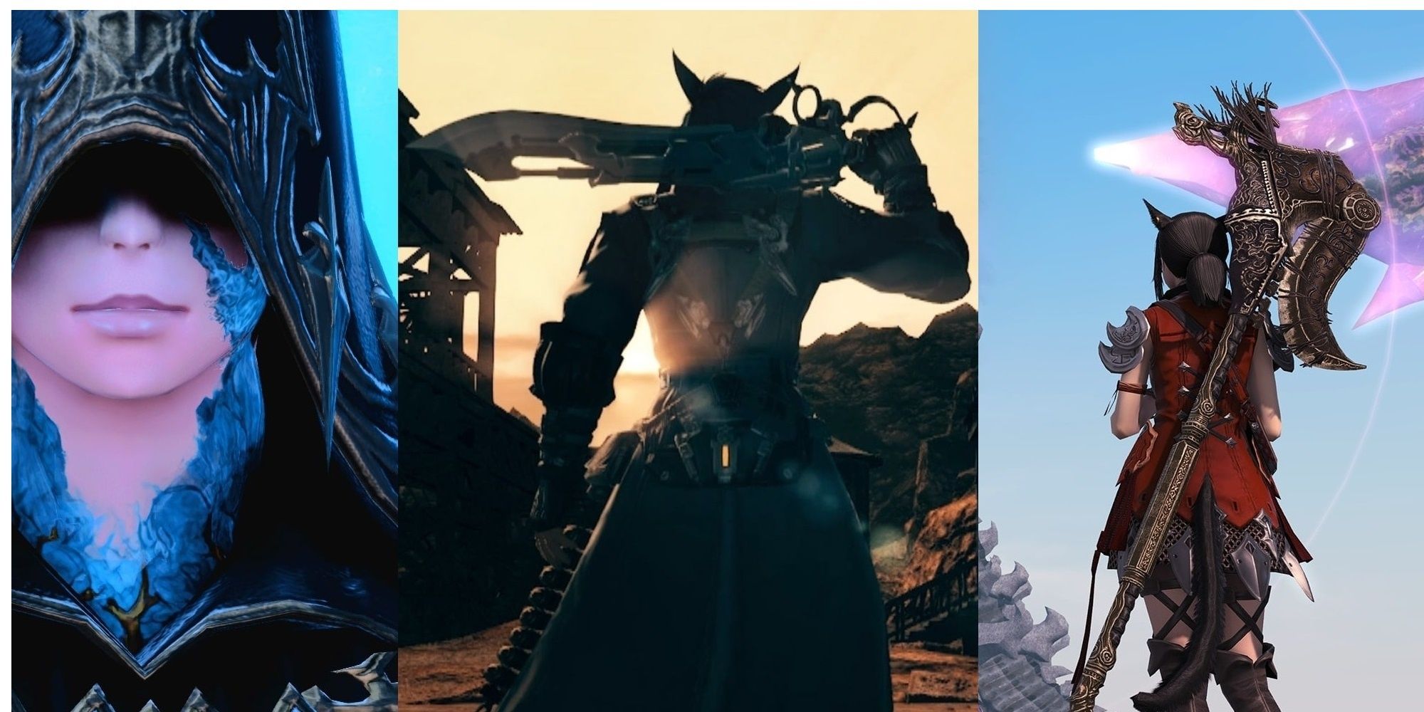 Final Fantasy 14 mods split image screenshot of hooded figure and images of two warriors facing away.