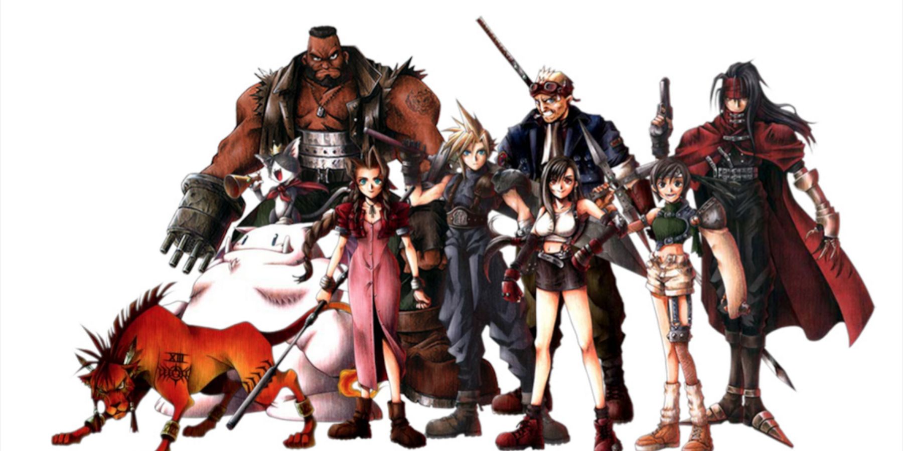 Artwork of all nine playable characters from Final Fantasy 7 standing together.