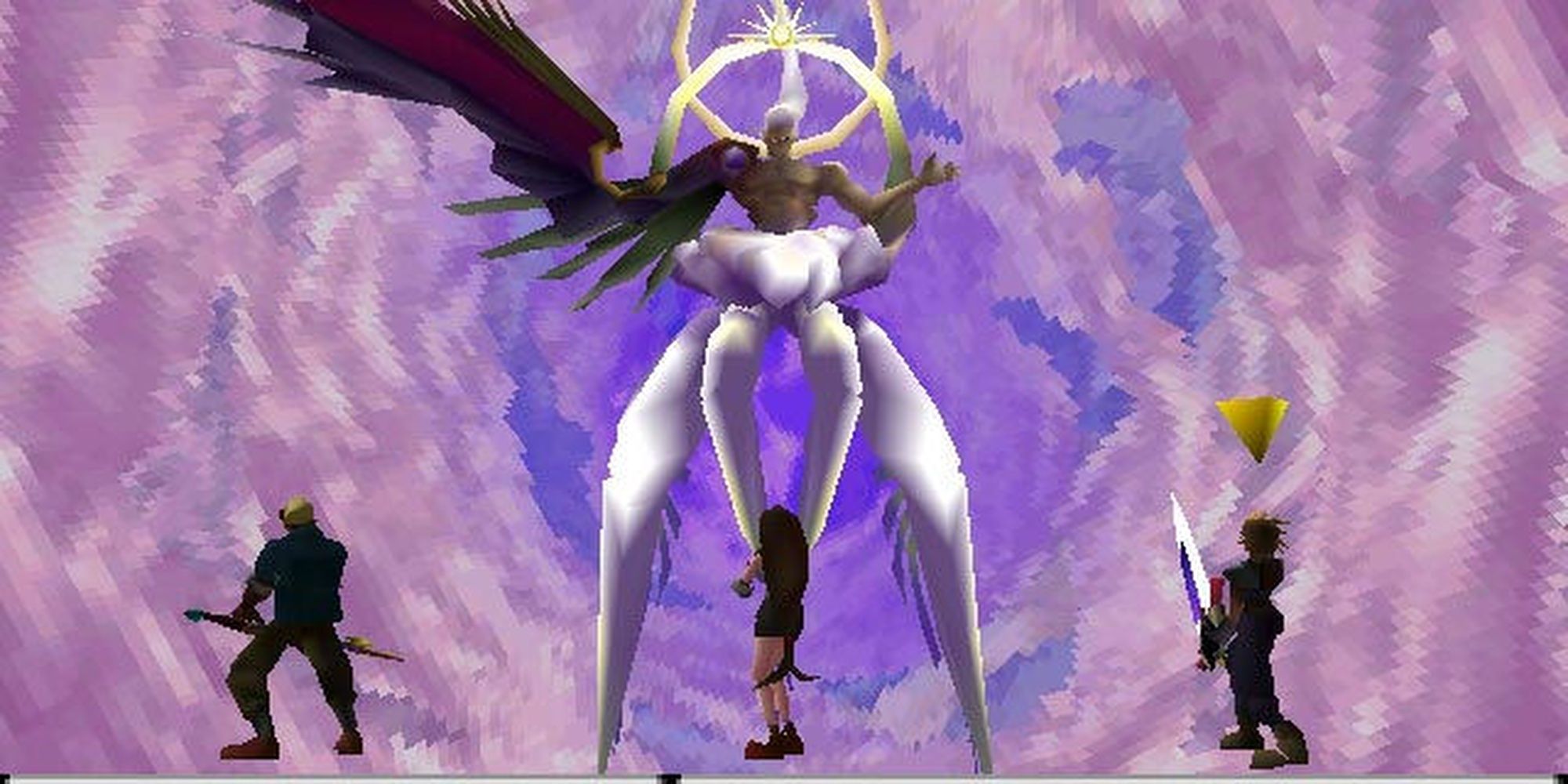 Cid Highwind, Tifa Lockhart, and Cloud Strife battle Sephiroth in Final Fantasy 7