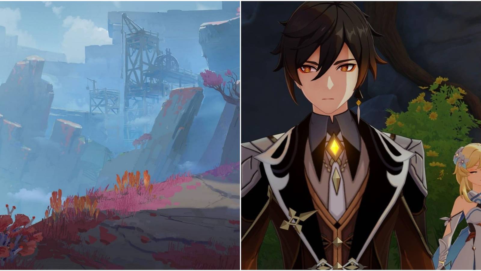 split image of the chasm and zhongli from genshin impact