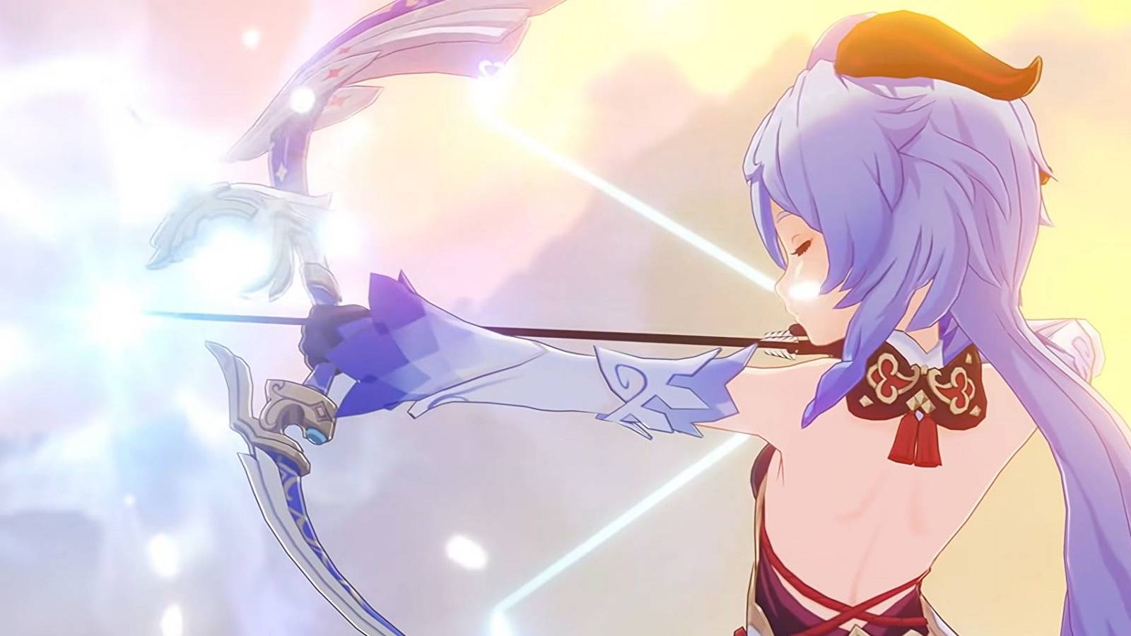 Ganyu of Genshin Impact preparing to fire a magical arrow. Her eyes are closed.