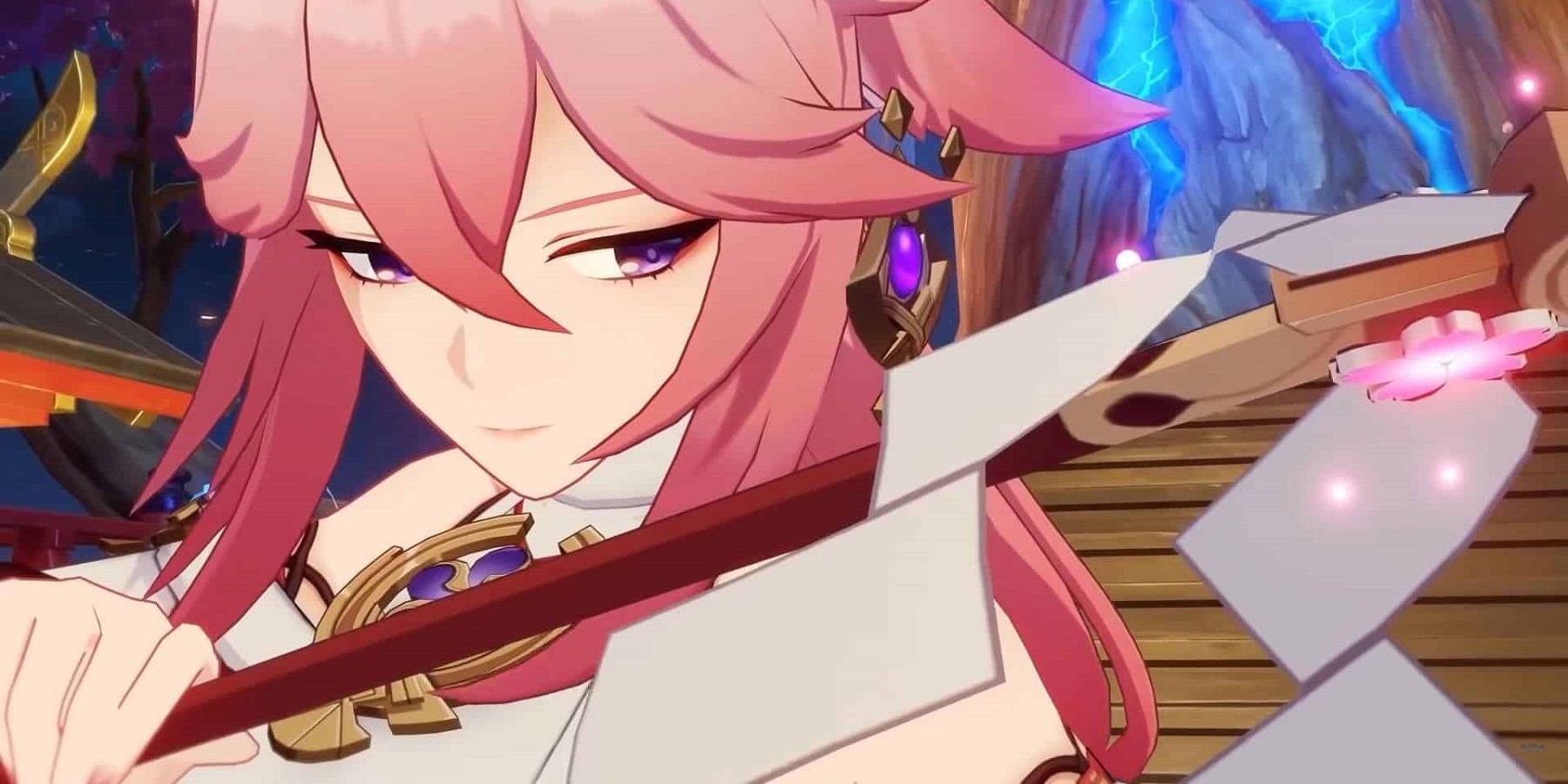 Yae Miko from Genshin Impact holding her wand in a battle stance.