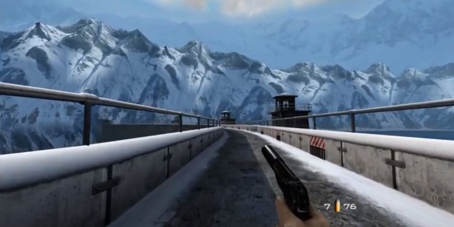 Screenshot from Goldeneye 007 on the Nintendo 64 showing the opening Dam level.
