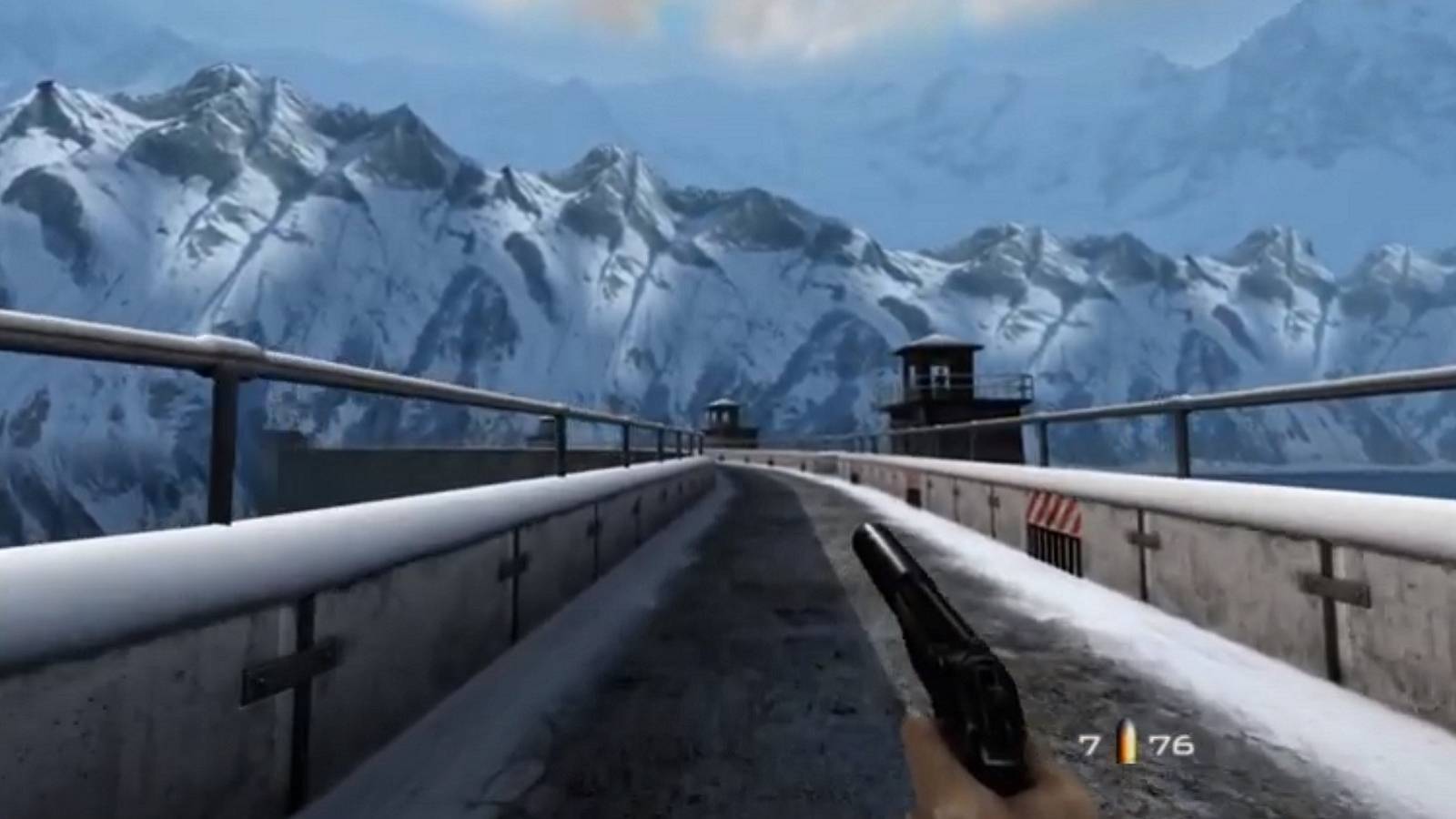 Screenshot from Goldeneye 007 on the Nintendo 64 showing the opening Dam level.