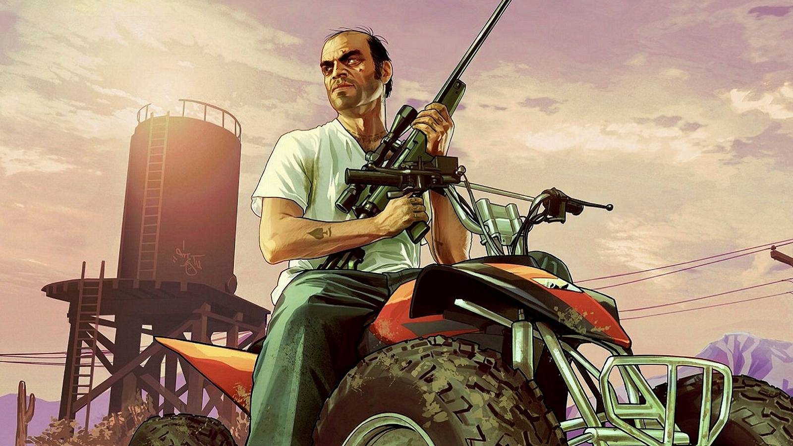 An image from Grand Theft Auto 5 showing Trevor on a quad bike while he holds a sniper rifle.