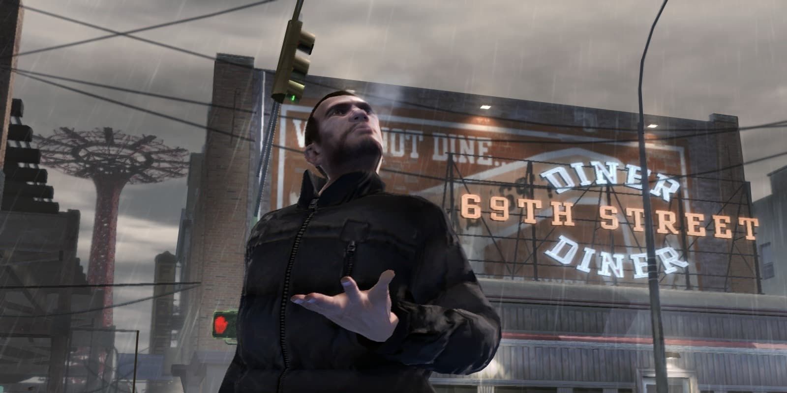 gta 4 player with a sign in the background 