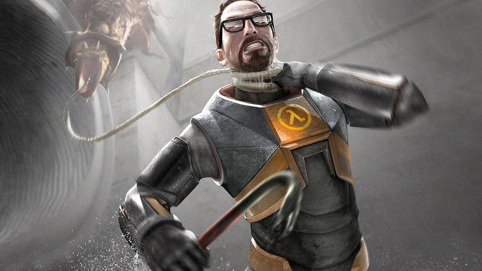 Image from Half-Life showing Gordon Freeman being strangled by a barnacle.