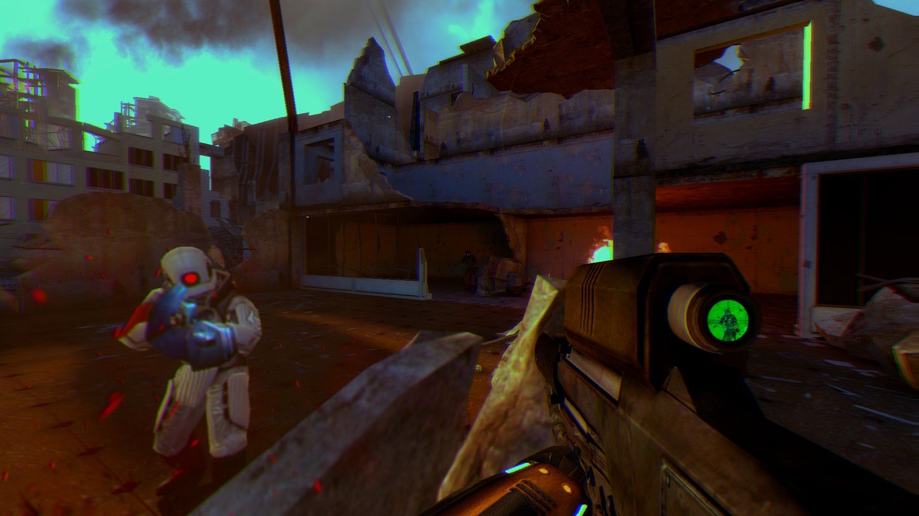 Screenshot from Half-Life 2 showing the player being shot by a combine soldier.