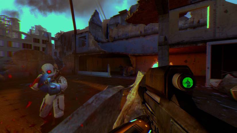 Screenshot from Half-Life 2 showing the player being shot by a combine soldier.