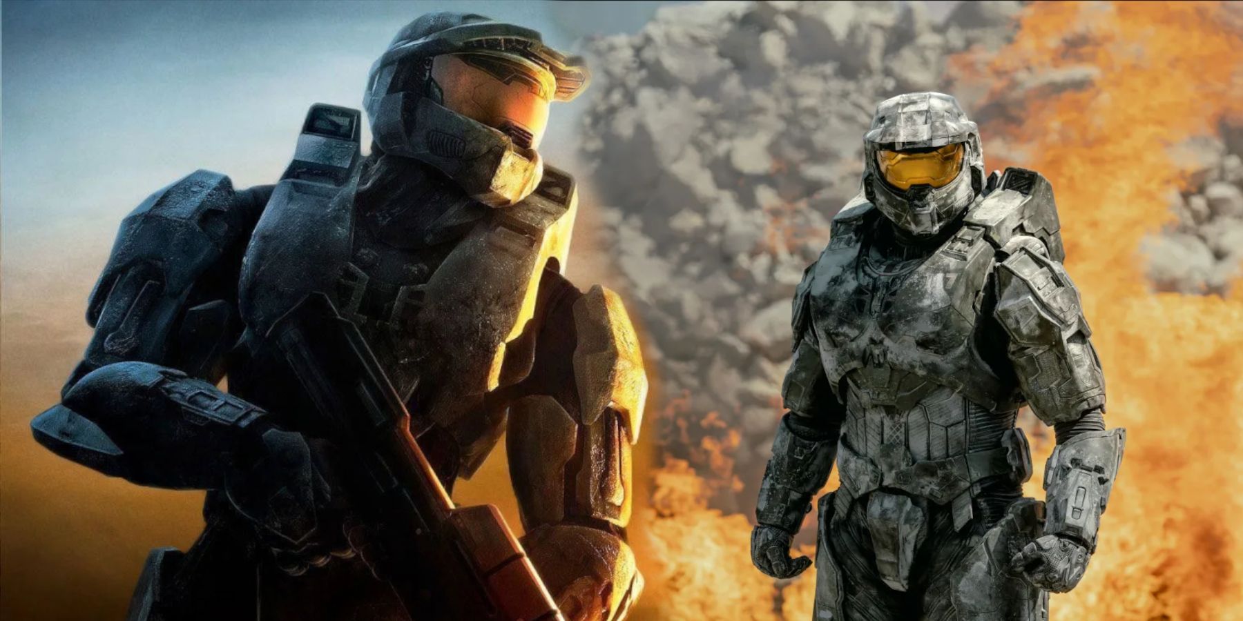 Master Chief as he appears in Halo 3 next to Master Chief as he appears in Paramount Plus's Halo TV series.