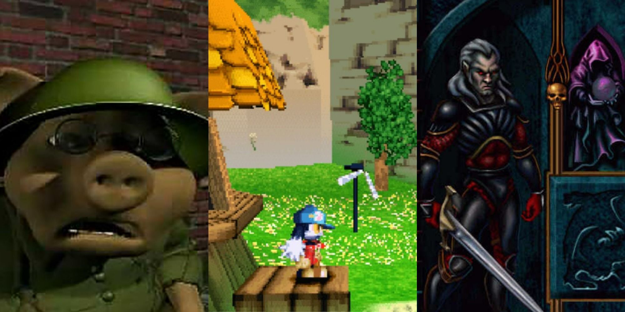 hogs of war pig soldier, klonoa on platform in grassland, kain with armor and sword in legacy of kain blood omen