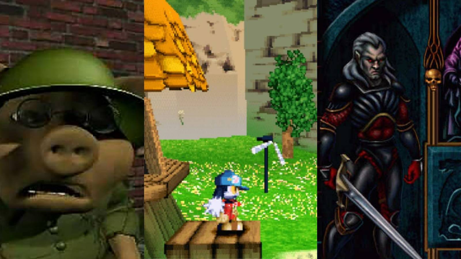 hogs of war pig soldier, klonoa on platform in grassland, kain with armor and sword in legacy of kain blood omen