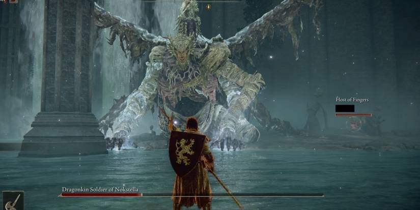 Player fighting Dragonkin Soldier of Nokstella in Elden Ring.