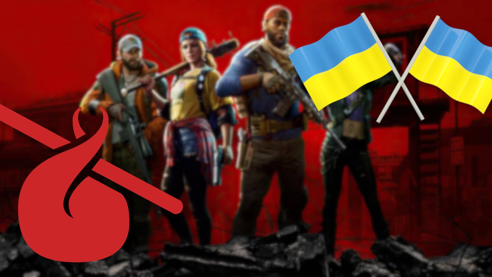 Image from Back 4 Blood with the Humble Bundle logo on the left, and two Ukrainian flags on the right.