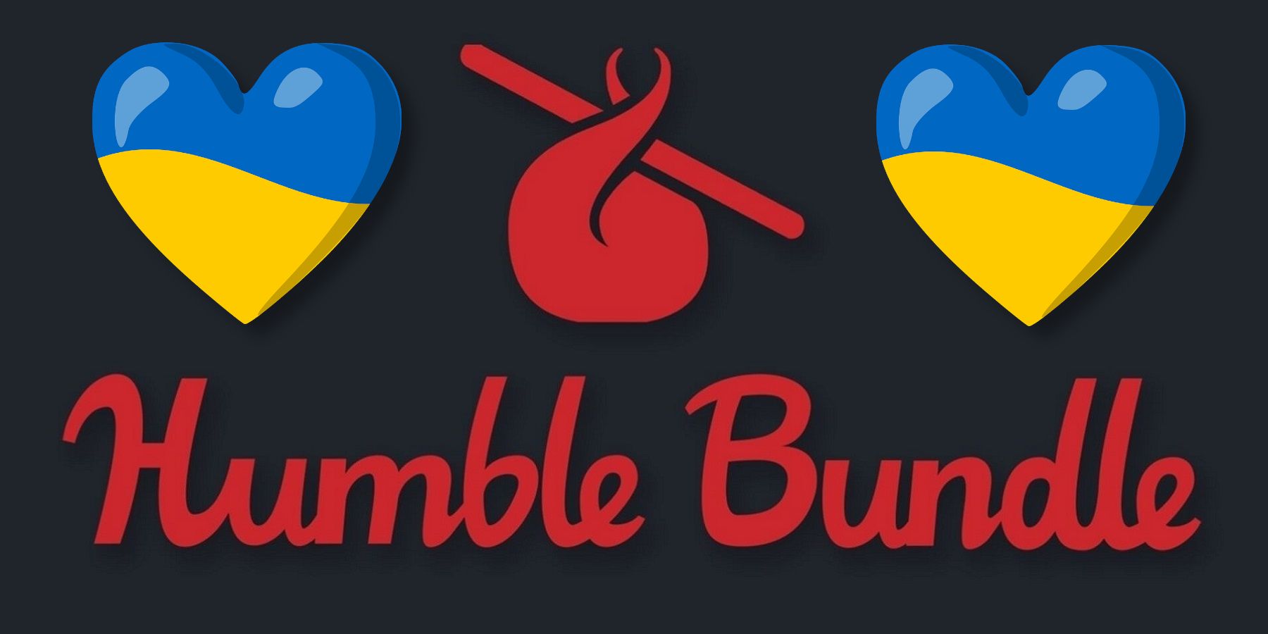 The Humble Bundle logo with two hearts either side that have the colors of the Ukrainian flag.