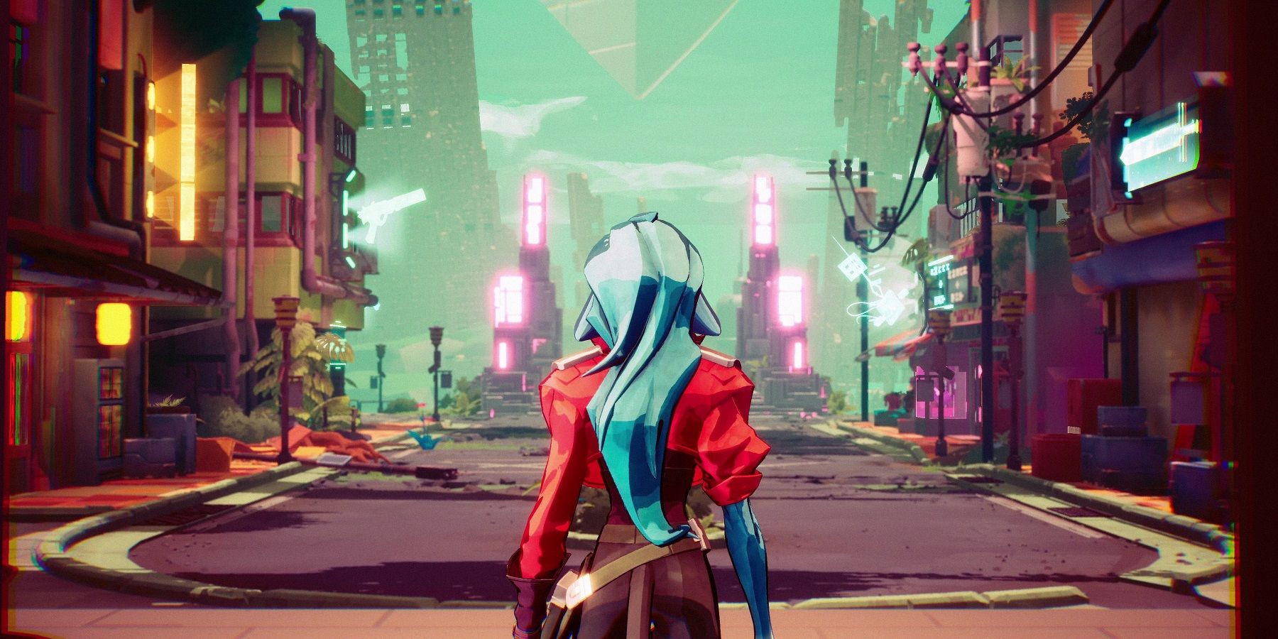 A character from Hyper Light Drifter with long blue hair, shown walking down a street from behind.