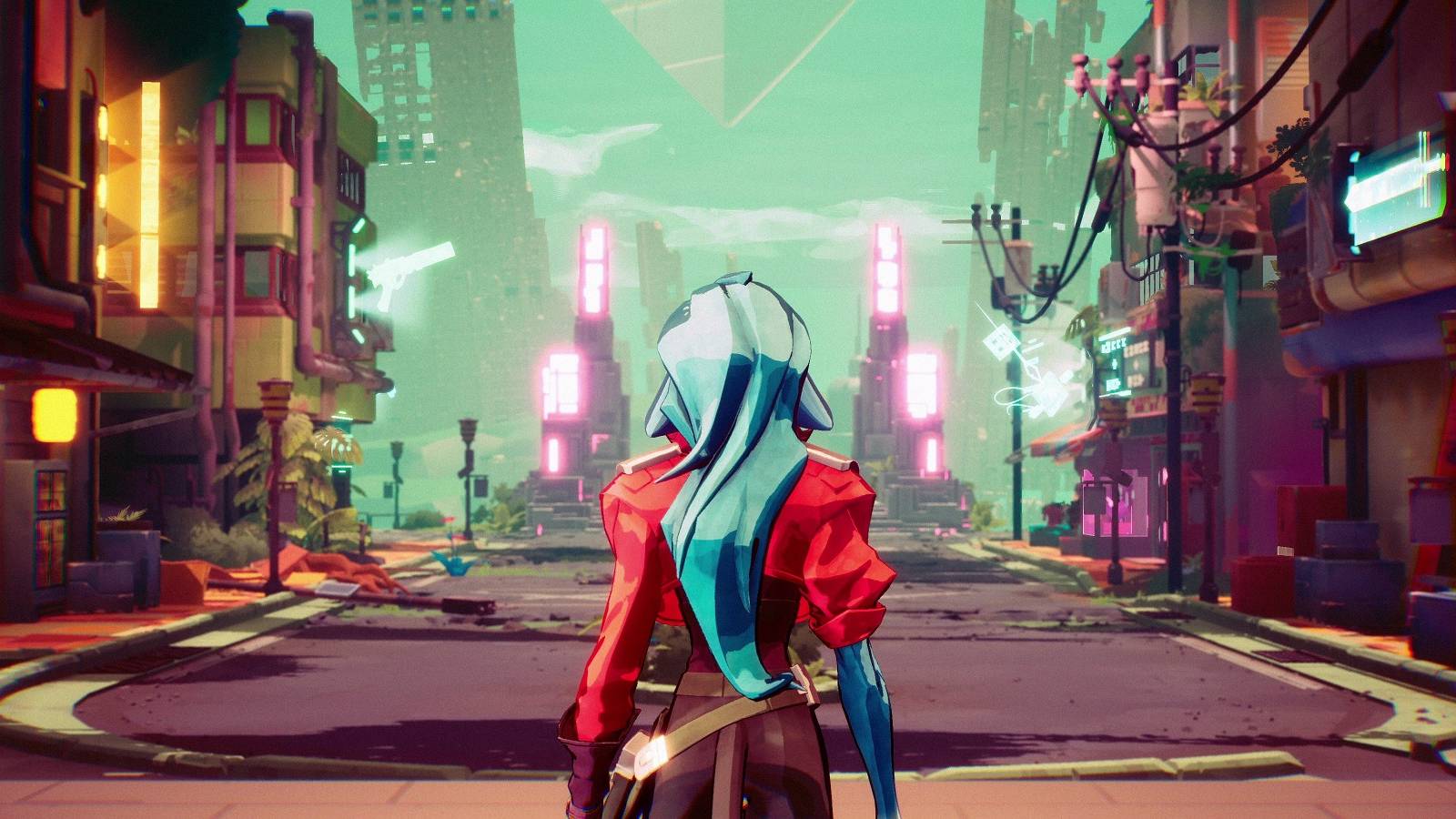 A character from Hyper Light Drifter with long blue hair, shown walking down a street from behind.