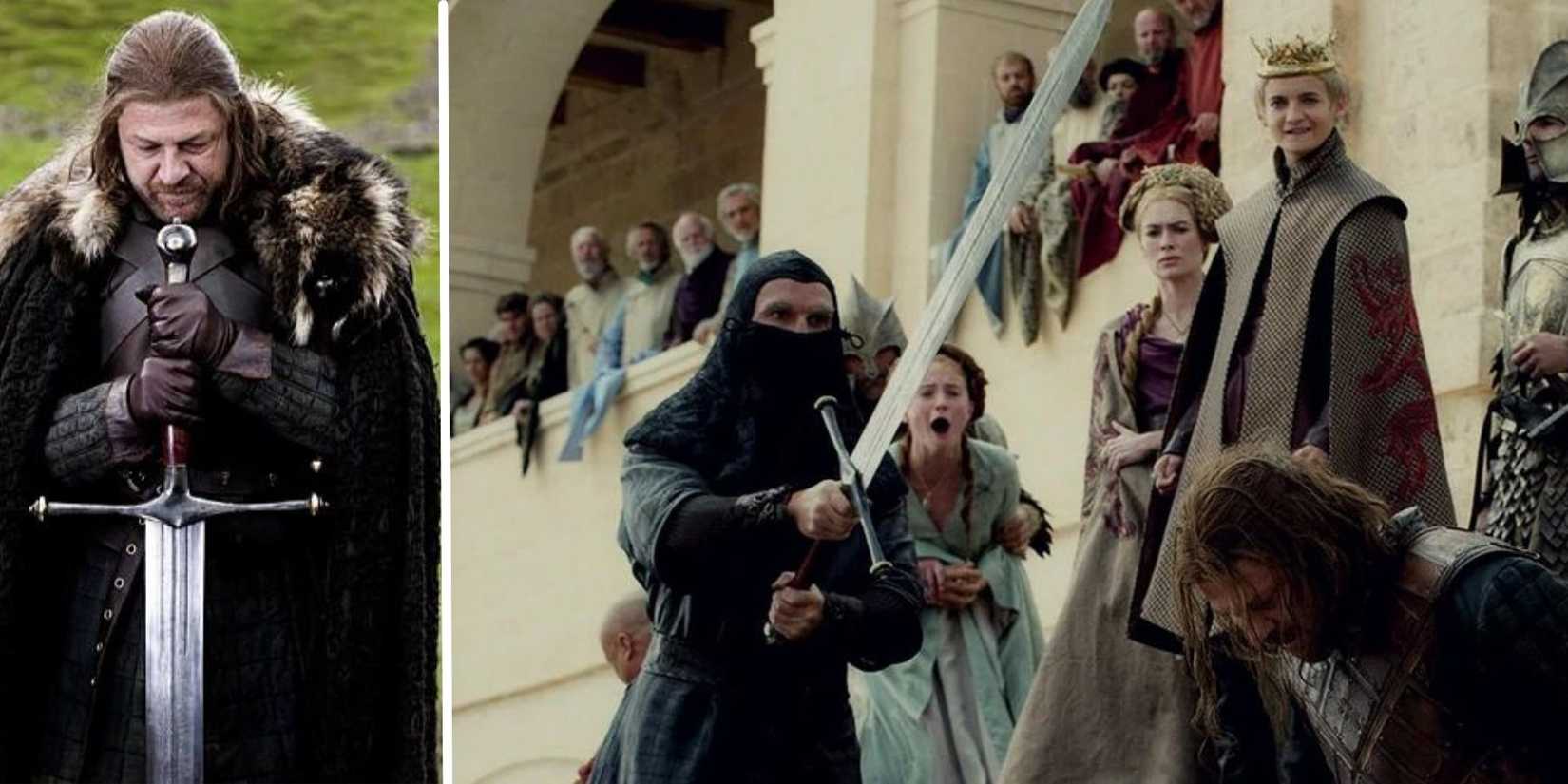 Split image of Ned Stark's ancestral sword Ice and his beheading in Game of Thrones.