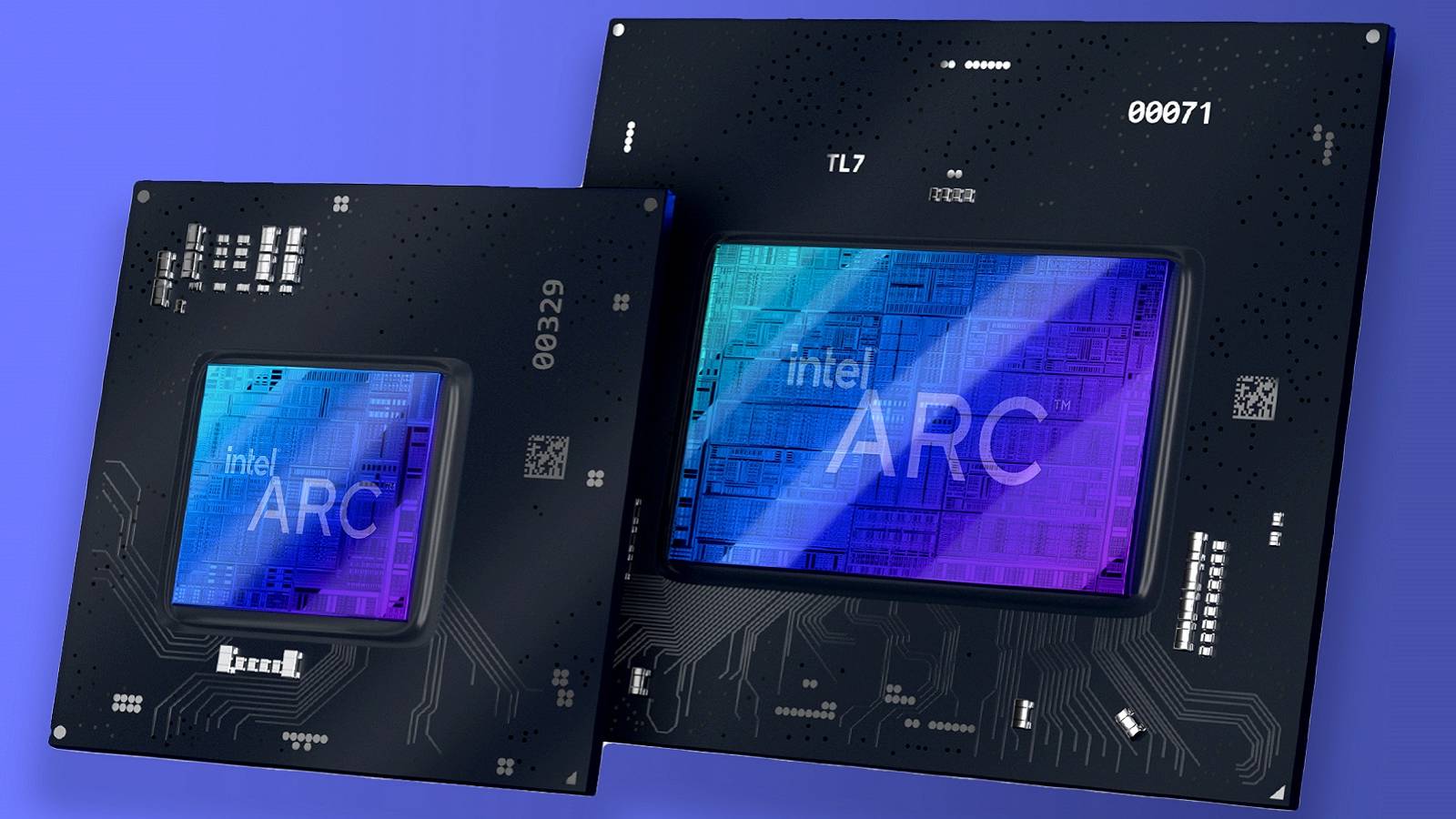 Image of a couple of Intel Arc graphics chips.